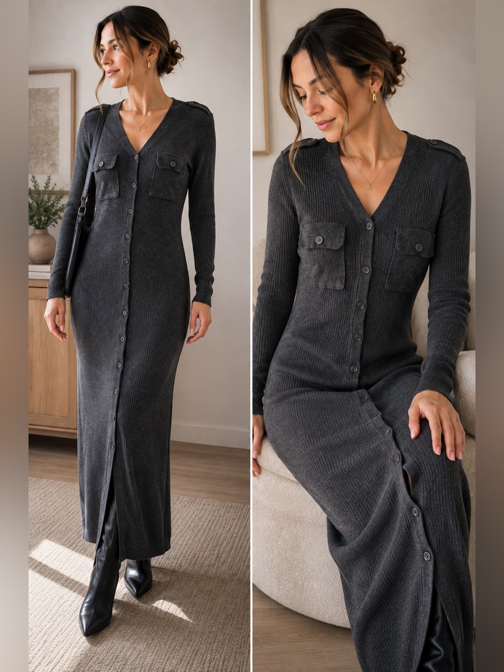 Lauren Ralph Lauren 100% Merino Wool Ribbed Button Front Maxi Dress Gray Medium
